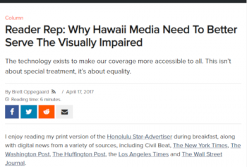 Screenshot of the Reader Rep: Why Hawaii Media Need To Better Serve The Visually Impaired article