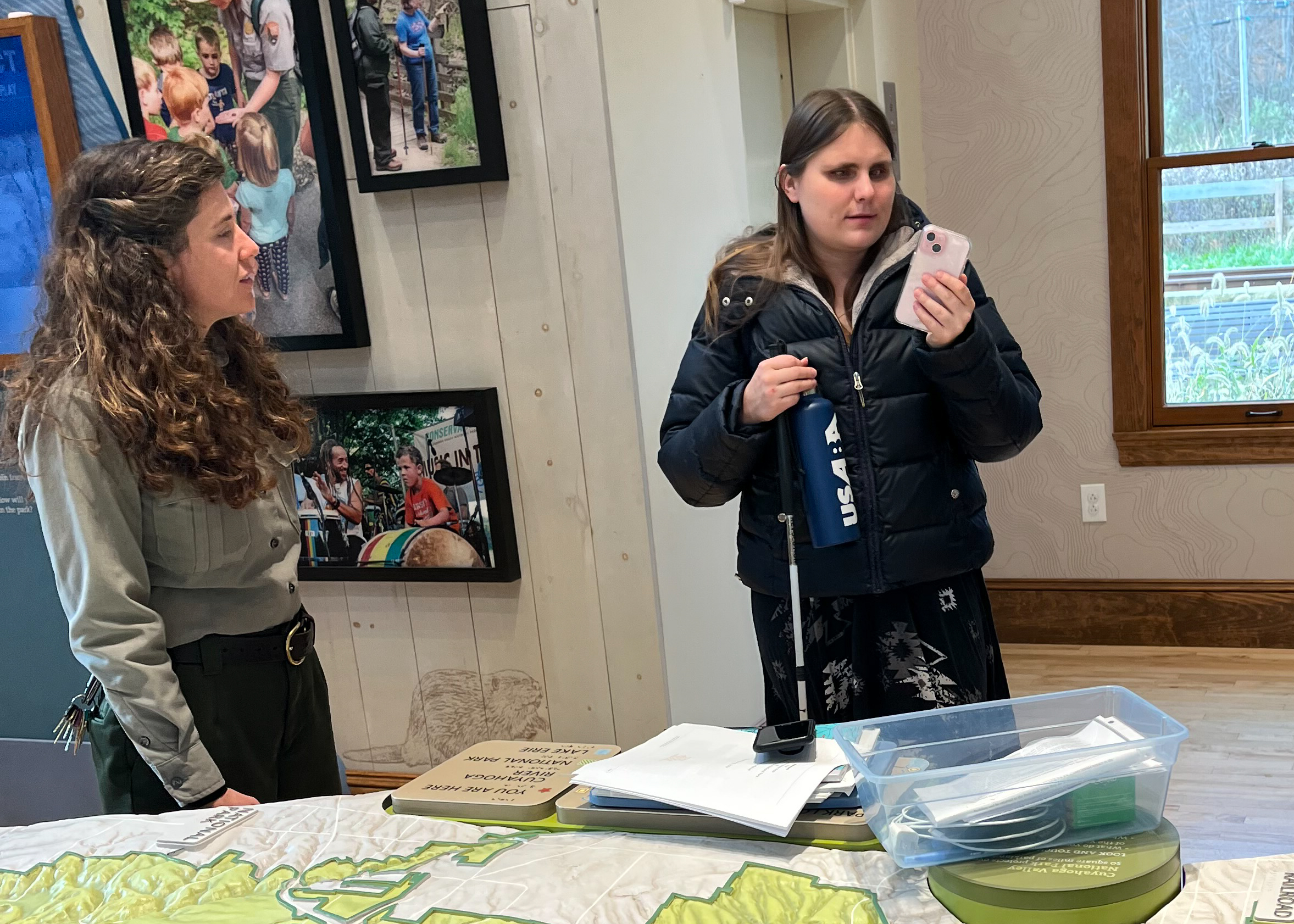 Photo of Testing Audio Description: UniD app use at Cuyahoga Valley National Park in Ohio with Cleveland Sight Center volunteer (2023)